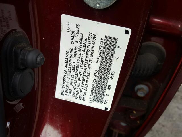 2HGFB2F95CH536742 - 2012 HONDA CIVIC EXL 勃艮第红 照片 10