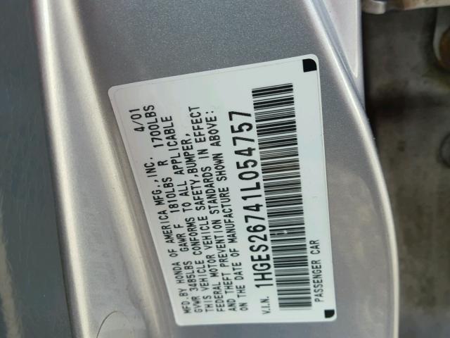 1HGES26741L054757 - 2001 HONDA CIVIC EX SILVER photo 10