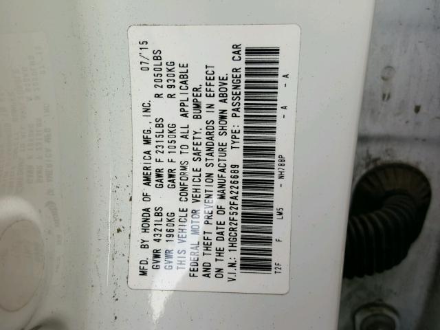 1HGCR2F52FA226689 - 2015 HONDA ACCORD SPO WHITE photo 10