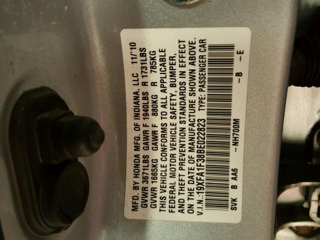 19XFA1F38BE022823 - 2011 HONDA CIVIC VP SILVER photo 10