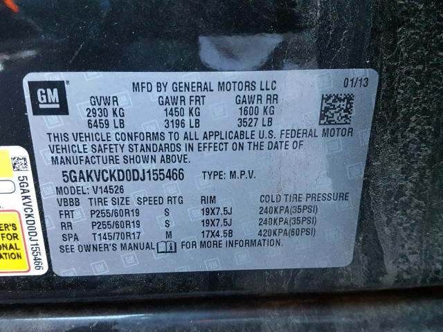 5GAKVCKD0DJ155466 - 2013 BUICK ENCLAVE BLACK photo 10