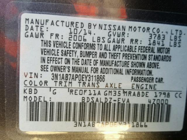 3N1AB7AP0EY311866 - 2014 NISSAN SENTRA S GRAY photo 10