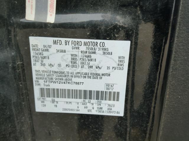 1FTPW12V47KC78877 - 2007 FORD F150 SUPER BLACK photo 10