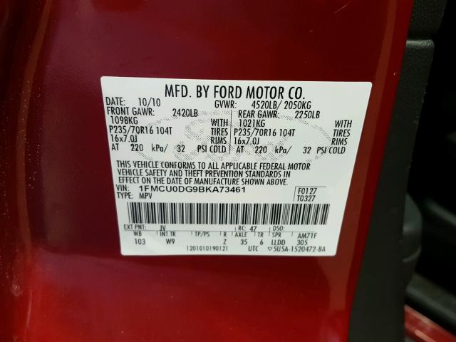 1FMCU0DG9BKA73461 - 2011 FORD ESCAPE XLT RED photo 10