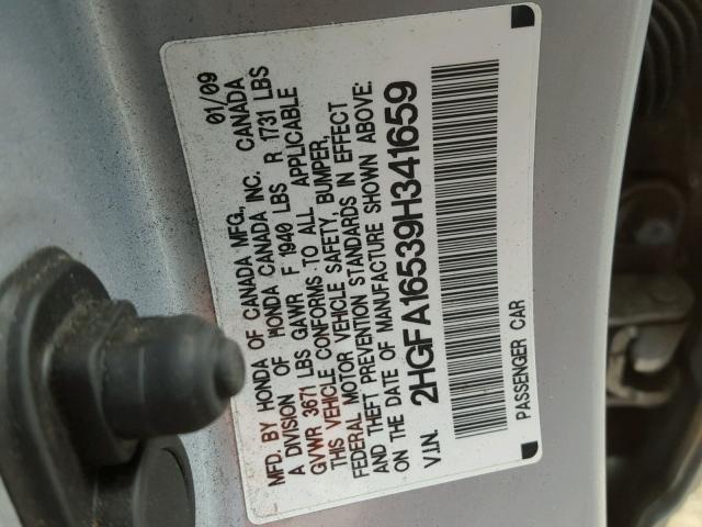 2HGFA16539H341659 - 2009 HONDA CIVIC LX SILVER photo 10