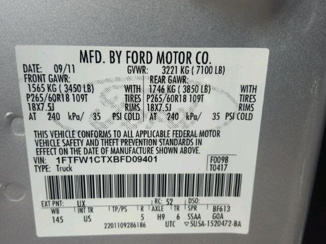 1FTFW1CTXBFD09401 - 2011 FORD F150 SUPER SILVER photo 10