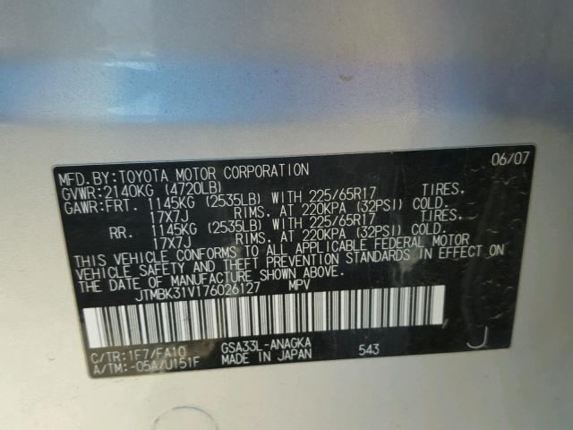 JTMBK31V176026127 - 2007 TOYOTA RAV4 LIMIT SILVER photo 10