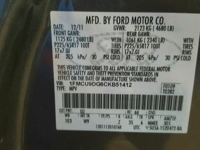 1FMCU9DG6CKB51412 - 2012 FORD ESCAPE XLT GRAY photo 10