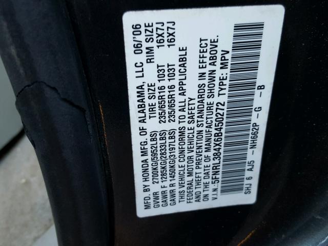 5FNRL384X6B450272 - 2006 HONDA ODYSSEY EX BLUE photo 10