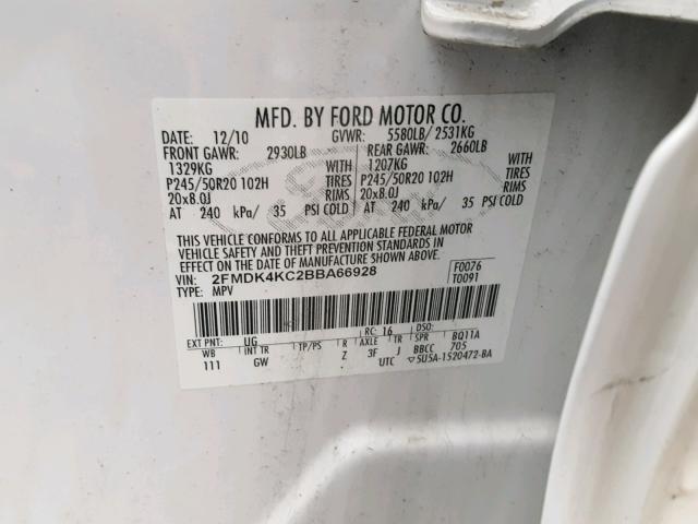 2FMDK4KC2BBA66928 - 2011 FORD EDGE LIMIT WHITE photo 10