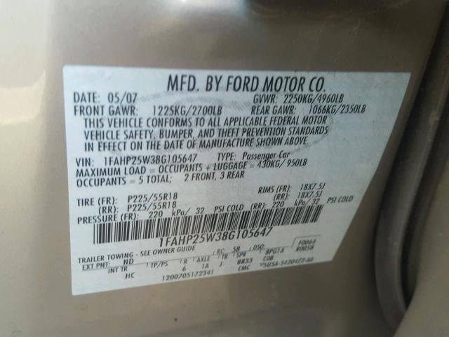 1FAHP25W38G105647 - 2008 FORD TAURUS LIM GOLD photo 10