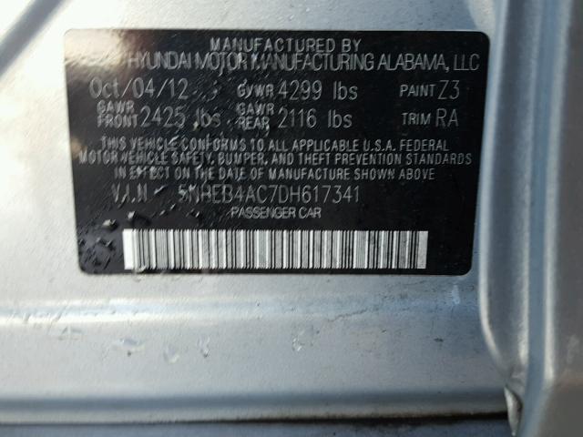 5NPEB4AC7DH617341 - 2013 HYUNDAI SONATA GLS SILVER photo 10