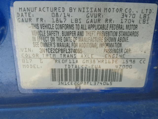 3N1CE2CP8FL374065 - 2015 NISSAN VERSA NOTE BLUE photo 10