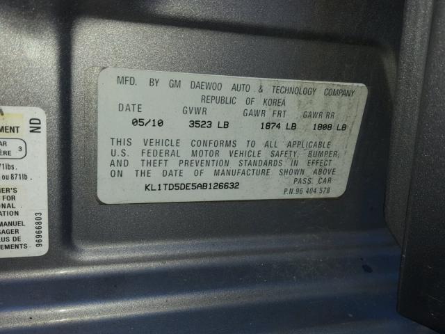 KL1TD5DE5AB126632 - 2010 CHEVROLET AVEO LS GRAY photo 10