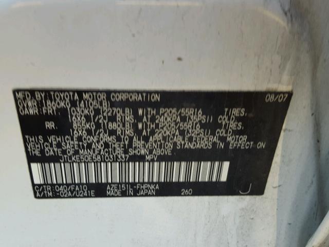 JTLKE50E581031337 - 2008 TOYOTA SCION XB 白色 照片 10