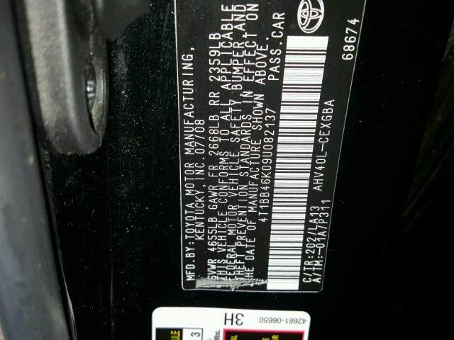 4T1BB46K09U082137 - 2009 TOYOTA CAMRY HYBR BLACK photo 10