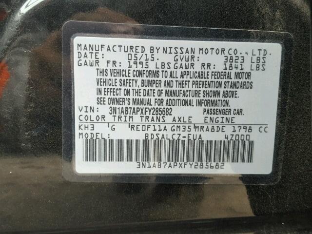 3N1AB7APXFY285682 - 2015 NISSAN SENTRA S BLACK photo 10