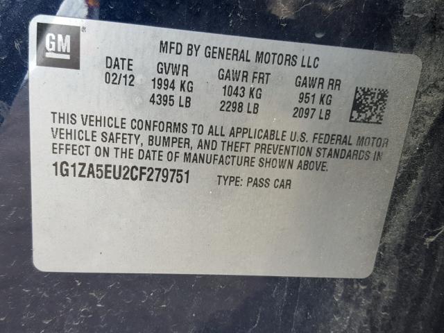 1G1ZA5EU2CF279751 - 2012 CHEVROLET MALIBU LS 蓝色 照片 10