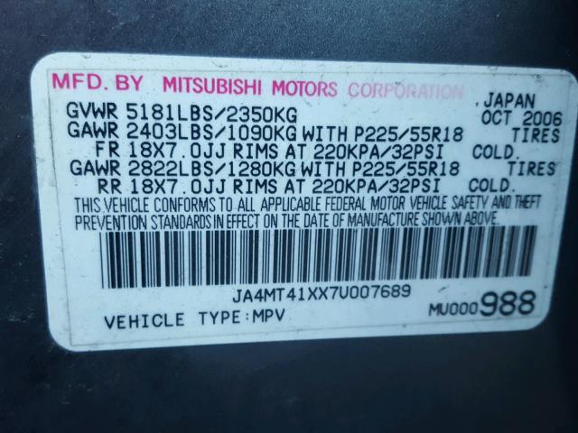 JA4MT41XX7U007689 - 2007 MITSUBISHI OUTLANDER GRAY photo 10