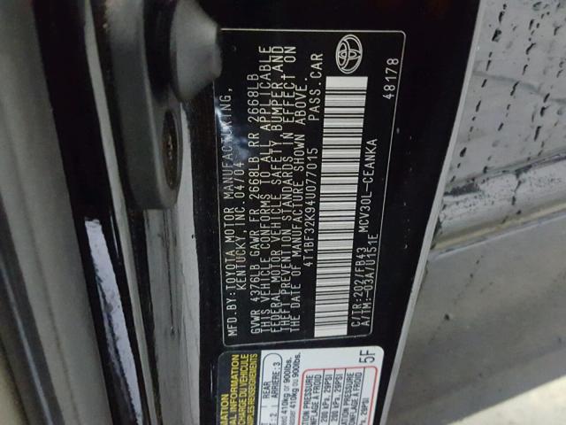 4T1BF32K94U077015 - 2004 TOYOTA CAMRY LE შავი ფოტო 10