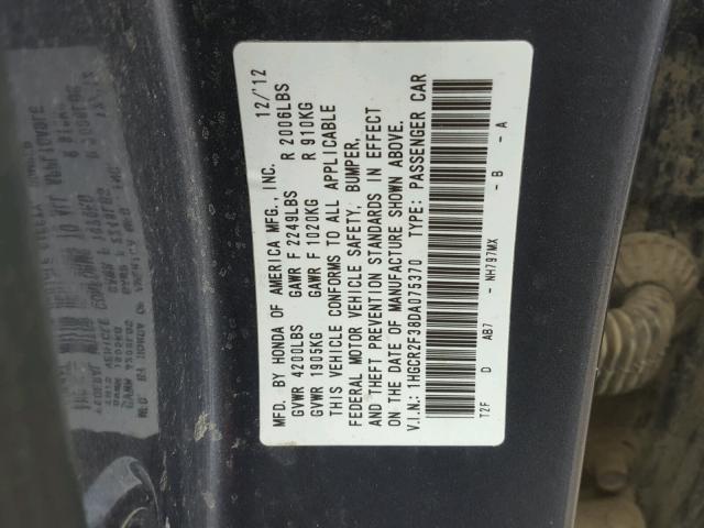 1HGCR2F38DA075370 - 2013 HONDA ACCORD LX GRAY photo 10