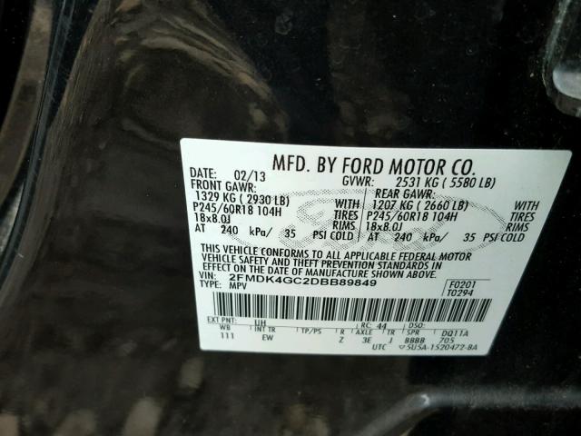 2FMDK4GC2DBB89849 - 2013 FORD EDGE SE BLACK photo 10