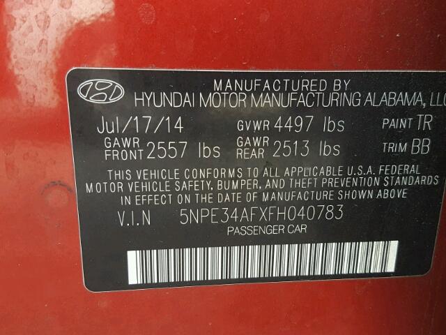 5NPE34AFXFH040783 - 2015 HYUNDAI SONATA SPO RED photo 10