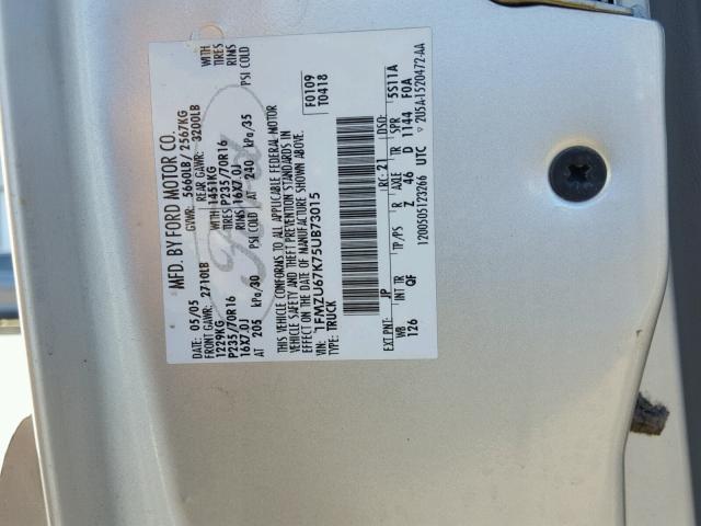 1FMZU67K75UB73015 - 2005 FORD EXPLORER S GRAY photo 10