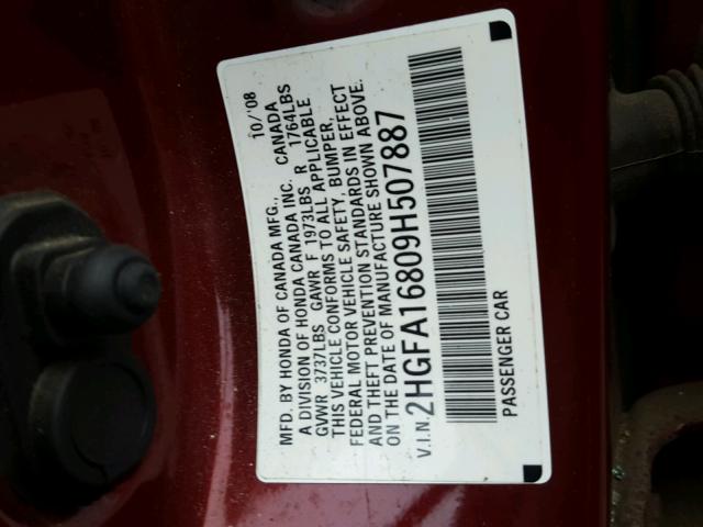 2HGFA16809H507887 - 2009 HONDA CIVIC EX RED photo 10