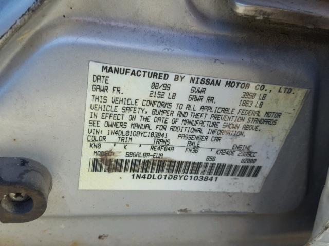 1N4DL01D8YC103841 - 2000 NISSAN ALTIMA XE SILVER photo 10