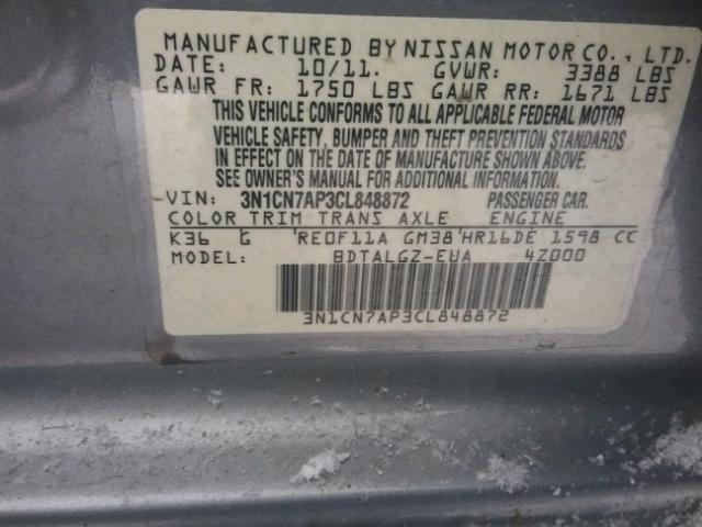 3N1CN7AP3CL848872 - 2012 NISSAN VERSA S GRAY photo 10