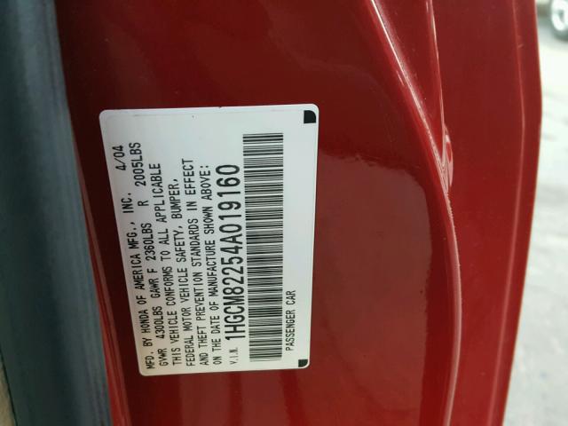 1HGCM82254A019160 - 2004 HONDA ACCORD LX RED photo 10