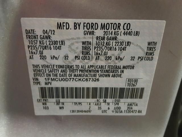 1FMCU0D77CKC67326 - 2012 FORD ESCAPE XLT SILVER photo 10