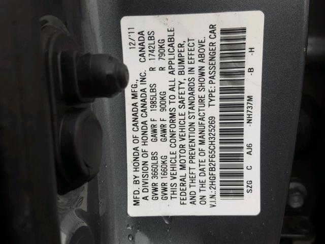 2HGFB2F65CH325269 - 2012 HONDA CIVIC HF GRAY photo 10