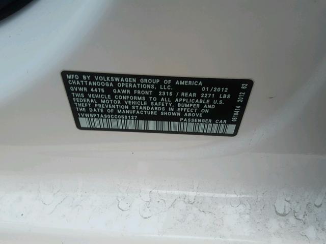 1VWBP7A30CC050127 - 2012 VOLKSWAGEN PASSAT SE WHITE photo 10