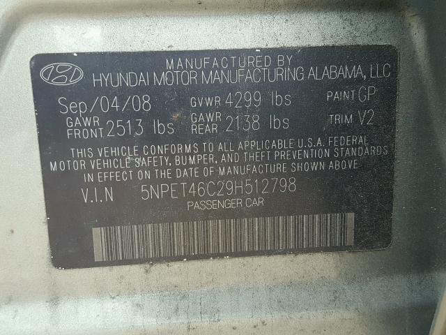 5NPET46C29H512798 - 2009 HYUNDAI SONATA GLS GREEN photo 10