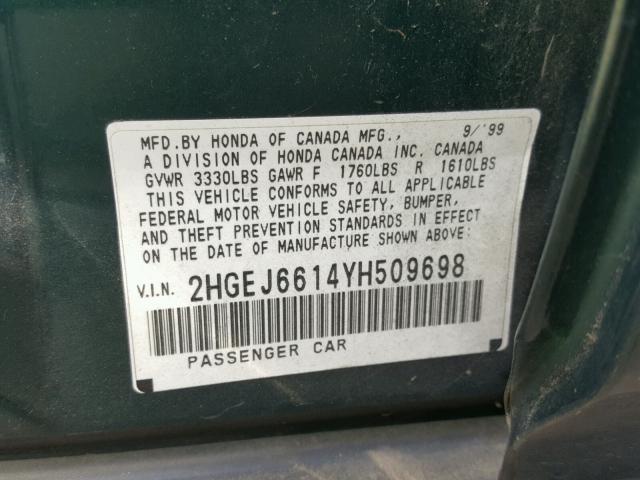 2HGEJ6614YH509698 - 2000 HONDA CIVIC BASE GREEN photo 10