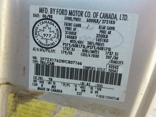 2FTZX1762WCB07166 - 1998 FORD F150 SILVER photo 10