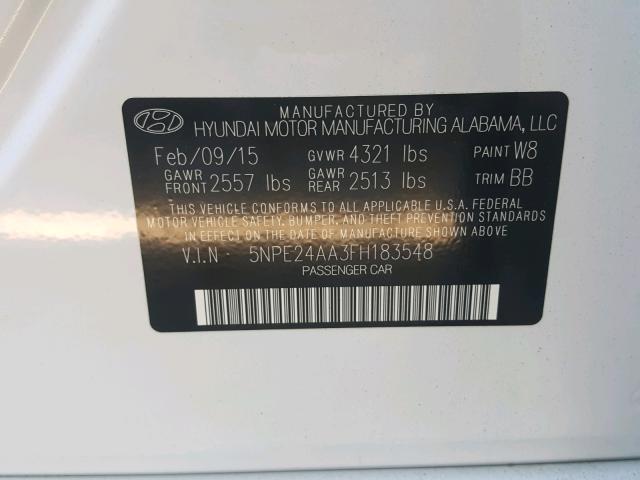 5NPE24AA3FH183548 - 2015 HYUNDAI SONATA ECO WHITE photo 10