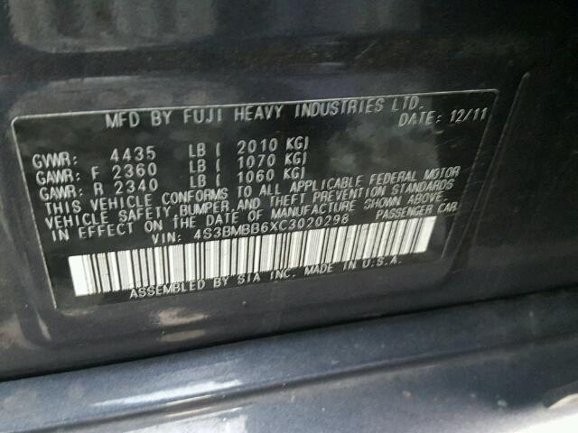 4S3BMBB6XC3020298 - 2012 SUBARU LEGACY 2.5 GRAY photo 10