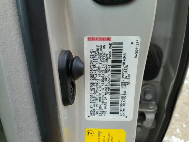 JTHBF30G520013446 - 2002 LEXUS ES 300 SILVER photo 10