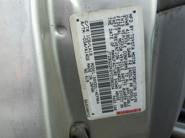 JT2BG22K6Y0398334 - 2000 TOYOTA CAMRY CE SILVER photo 10