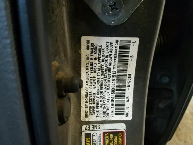 1HGFA168X6L151513 - 2006 HONDA CIVIC EX 灰色 照片 10