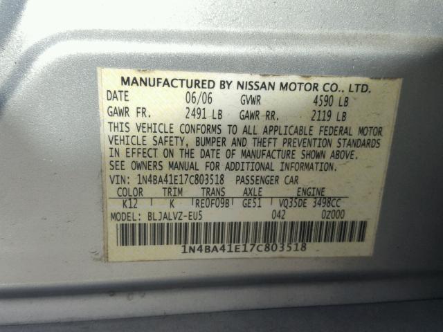 1N4BA41E17C803518 - 2007 NISSAN MAXIMA SE SILVER photo 10