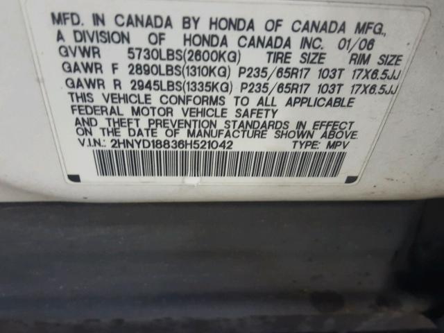 2HNYD18836H521042 - 2006 ACURA MDX TOURIN WHITE photo 10