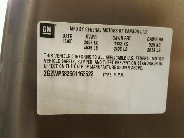 2G2WP582661163522 - 2006 PONTIAC GRAND PRIX GRAY photo 10