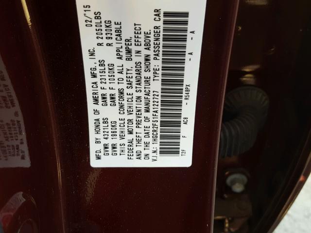 1HGCR2F51FA122727 - 2015 HONDA ACCORD SPO MAROON photo 10