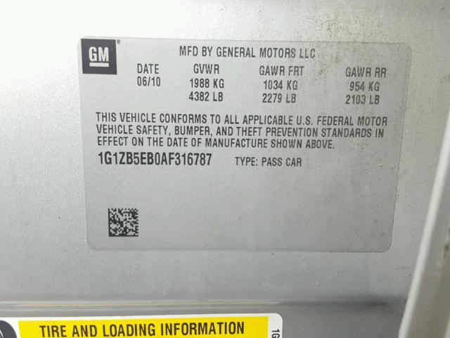 1G1ZB5EB0AF316787 - 2010 CHEVROLET MALIBU LS SILVER photo 10