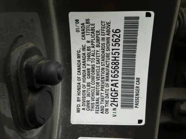 2HGFA16568H515626 - 2008 HONDA CIVIC LX GRAY photo 10