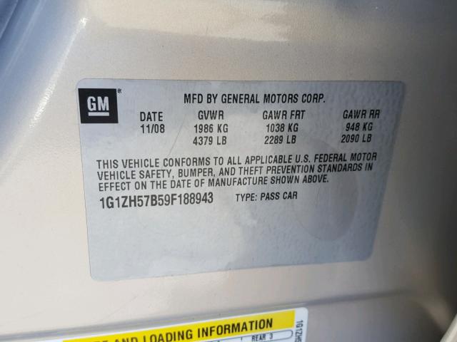 1G1ZH57B59F188943 - 2009 CHEVROLET MALIBU 1LT GOLD photo 10